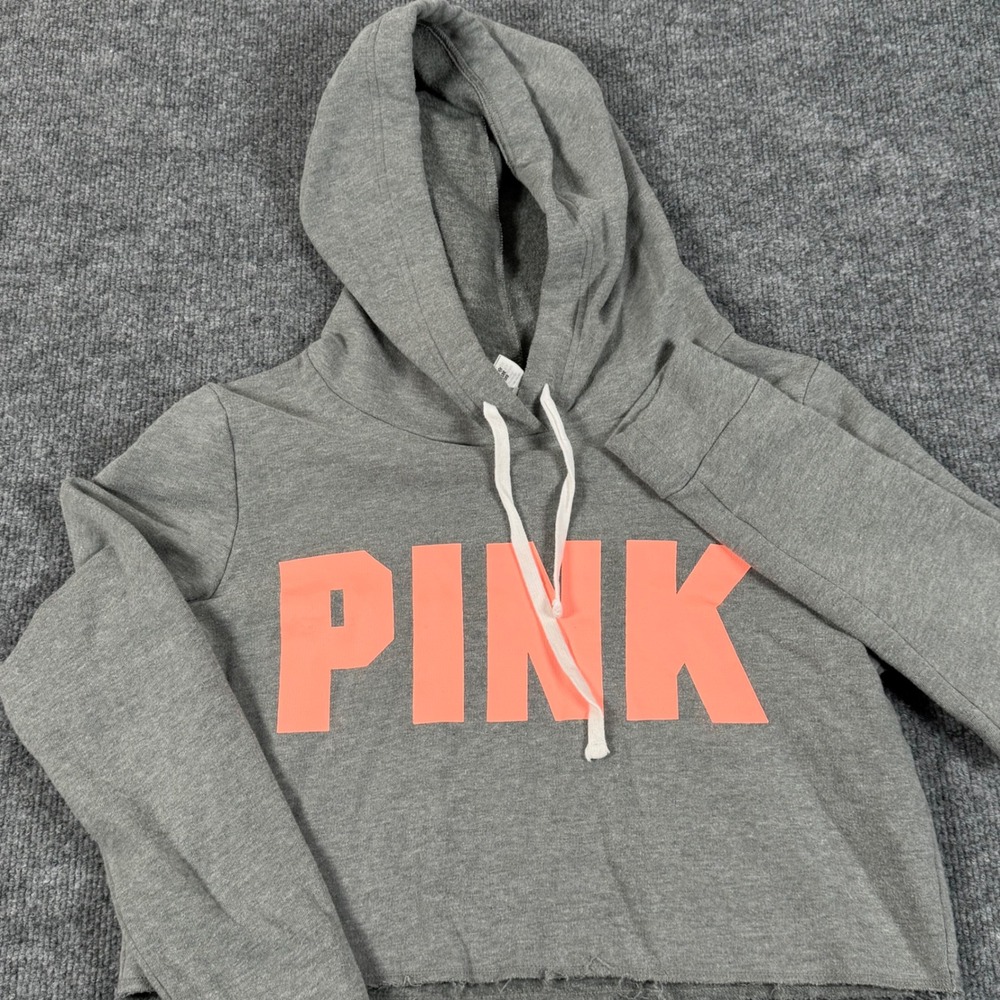 PINK Victorias Secret XS Cropped Hoodie Sweatshirt Gray Coral Logo Oversized
